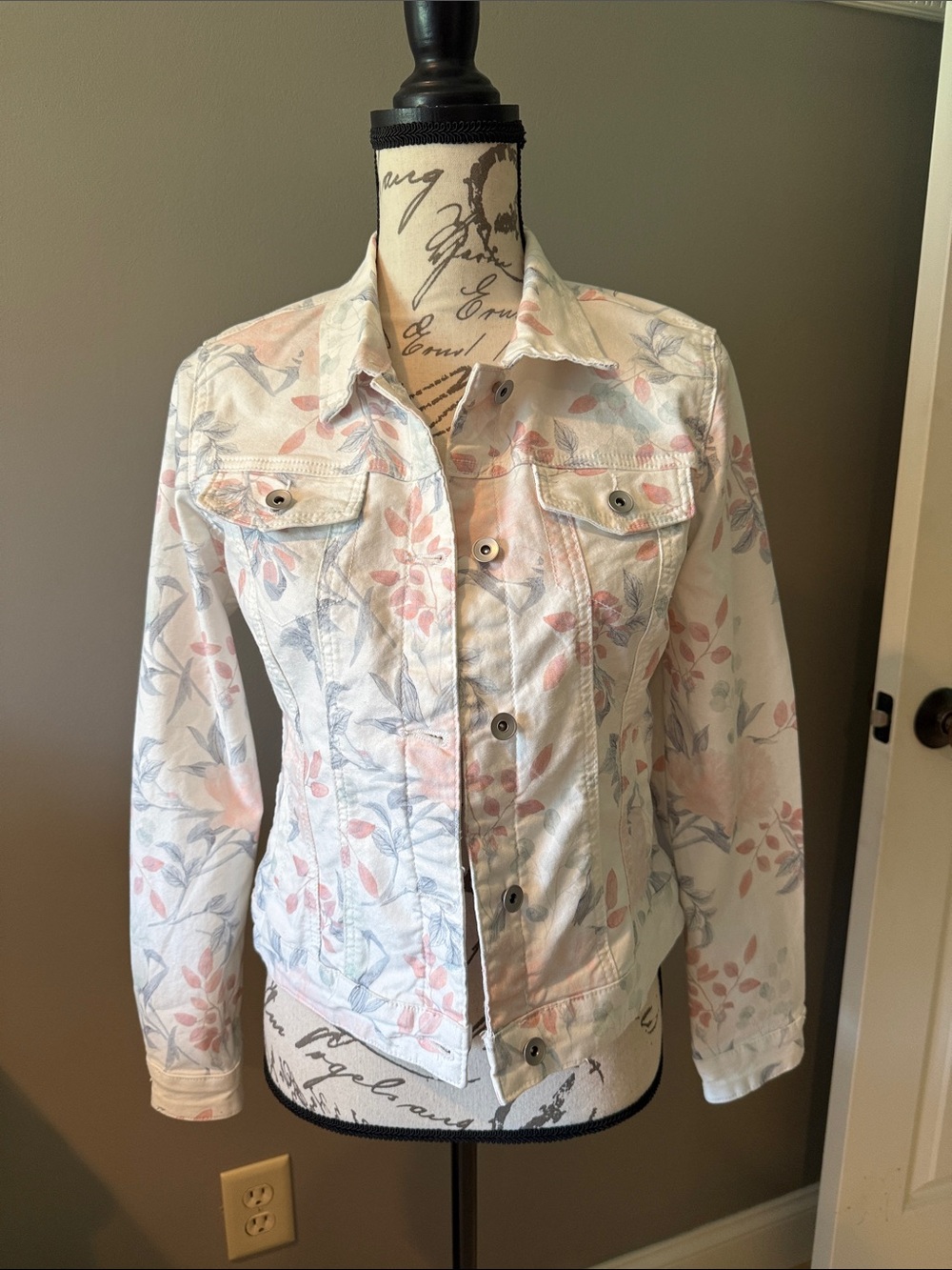 Women's Floral Print Jean Jacket in White with Pink & Gray Accents